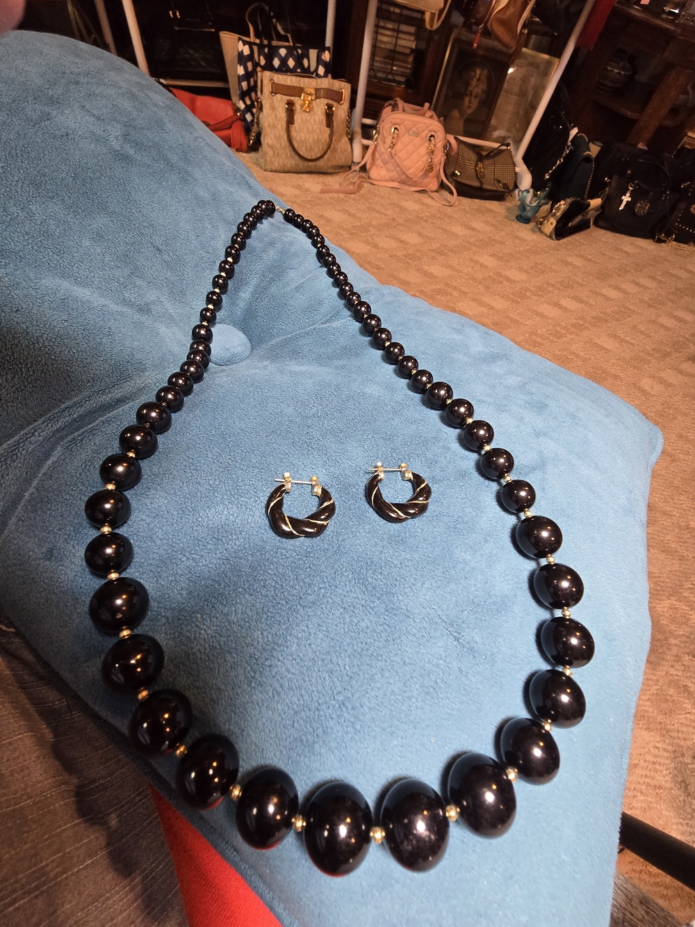Black Beaded Necklace and Hoop Earring Set - Classic Women's Jewelry